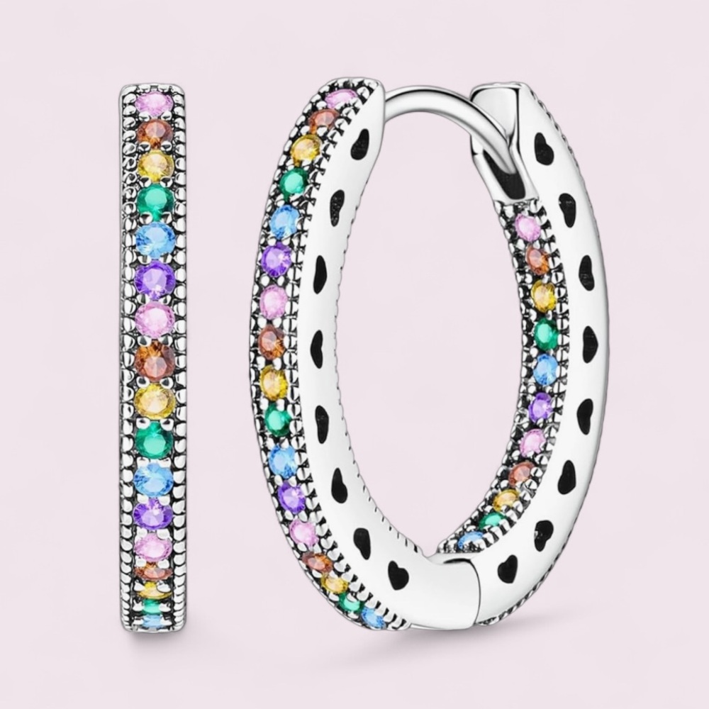 Solid 925 Sterling Silver Colorful 5A Cubic Zirconia Hoop Earrings - Picture 1 of 8